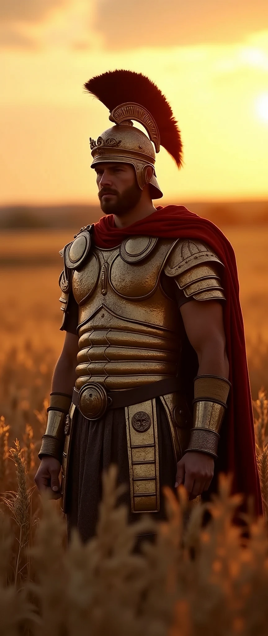 An ultra-realistic, highly detailed image of a Roman man dressed in the attire of a soldier of the Roman Empire, prepared for war. He is positioned in a vast field of wheat at sunset. The image has a prize-winning quality, with a bokeh effect creating a soft blur in the background, and a halo of light around the subject. The scene is captured with a Nikon D850 paired with a 70-200mm f/2.8E FL ED VR lens, ensuring stunning clarity and rich colors. The lighting is warm and golden, casting long shadows and highlighting the intricate details of his armor and the surrounding wheat field. The aspect ratio is 9:21, emphasizing the vertical composition 