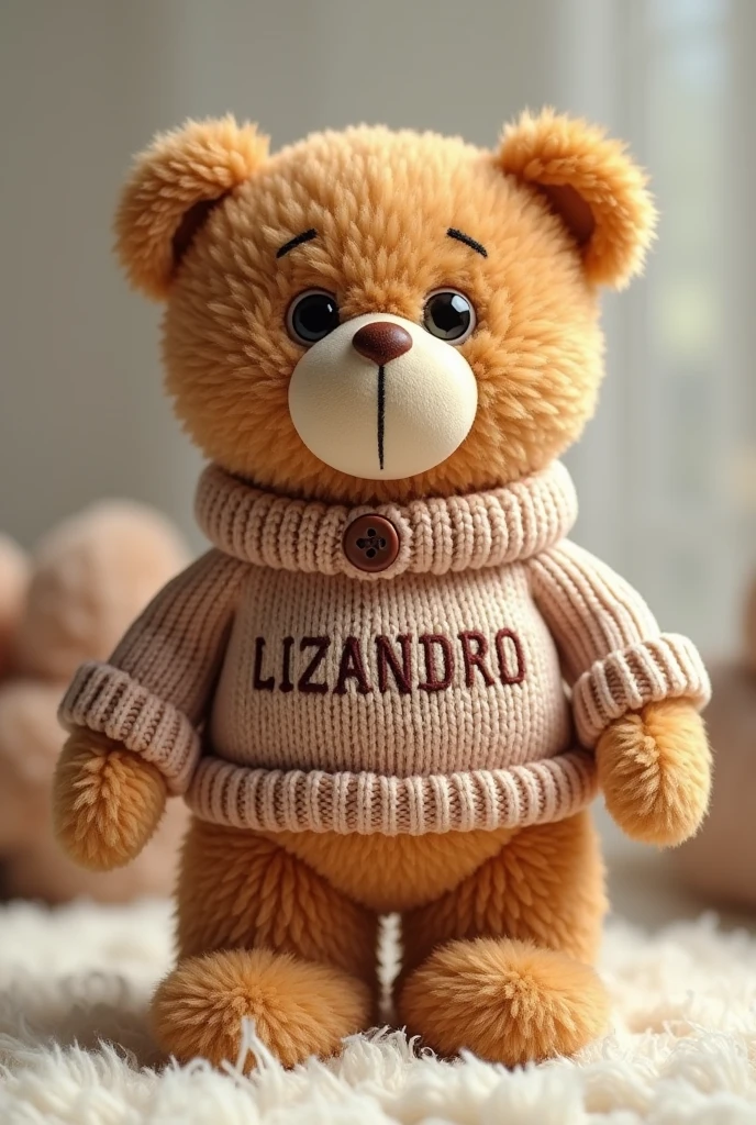 Teddy bear with a sweater that says LIZANDRO 