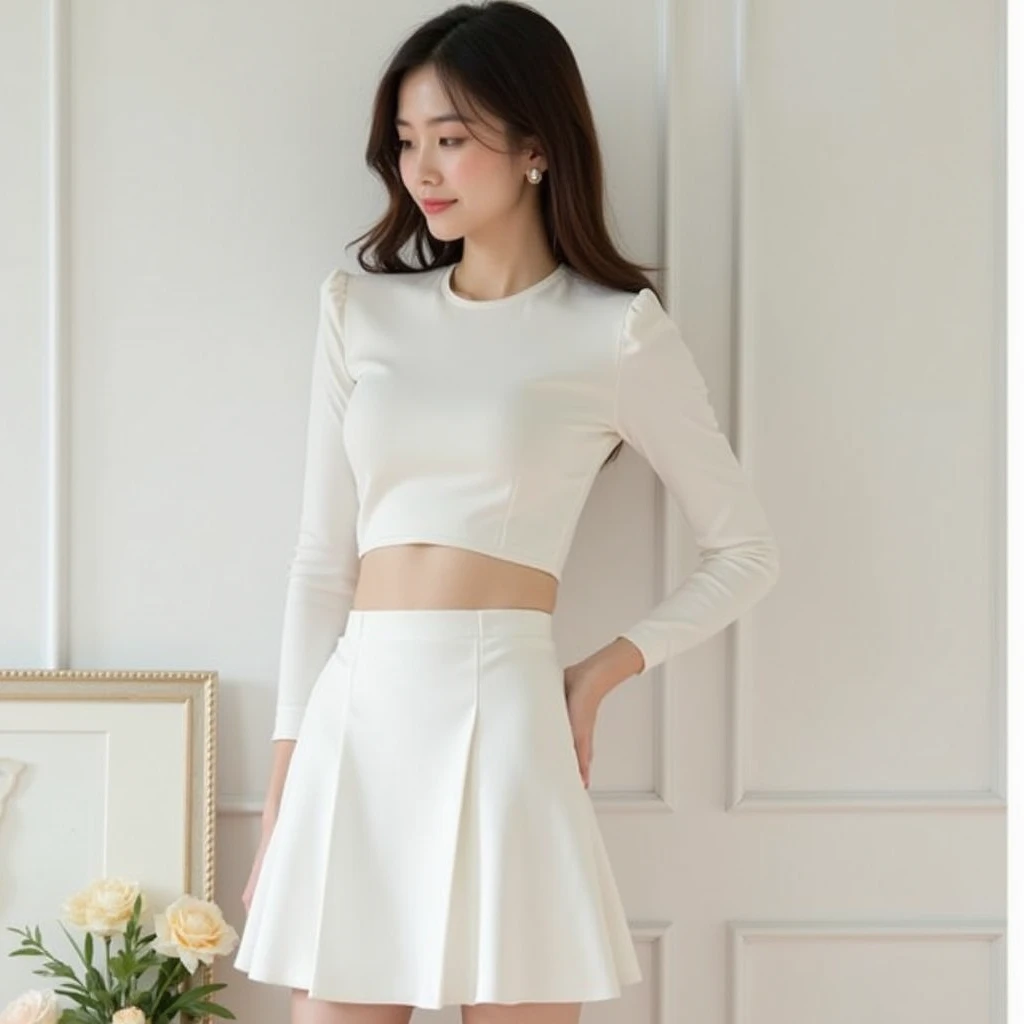 cute、White long-sleeve crop top、White Skirt