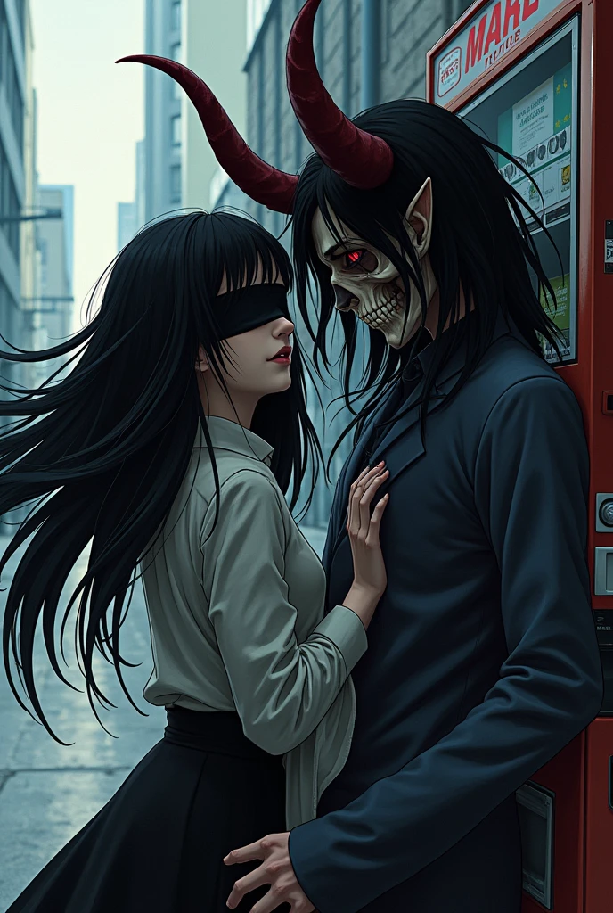 Draw a girl with black hair, wearing a black band over her eyes and a skull face in anime style next to a handsome man, with long black hair and red eyes wearing a black outfit and demonic horns hitting a street vending machine