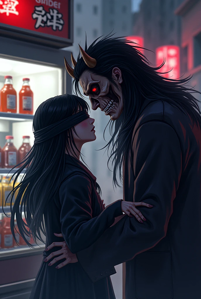 Draw a girl with black hair, wearing a black band over her eyes and a skull face in anime style next to a handsome man, with long black hair and red eyes wearing a black outfit and demonic horns hitting a street vending machine