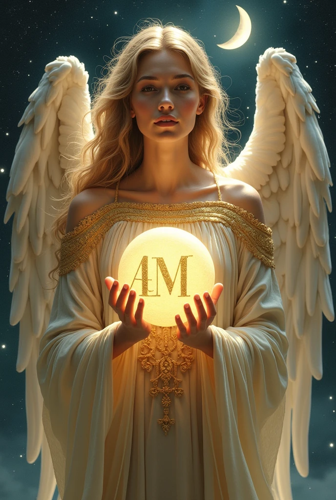 An angel with golden clothes, of the Moon, with the initials AM shining in the center of the image 