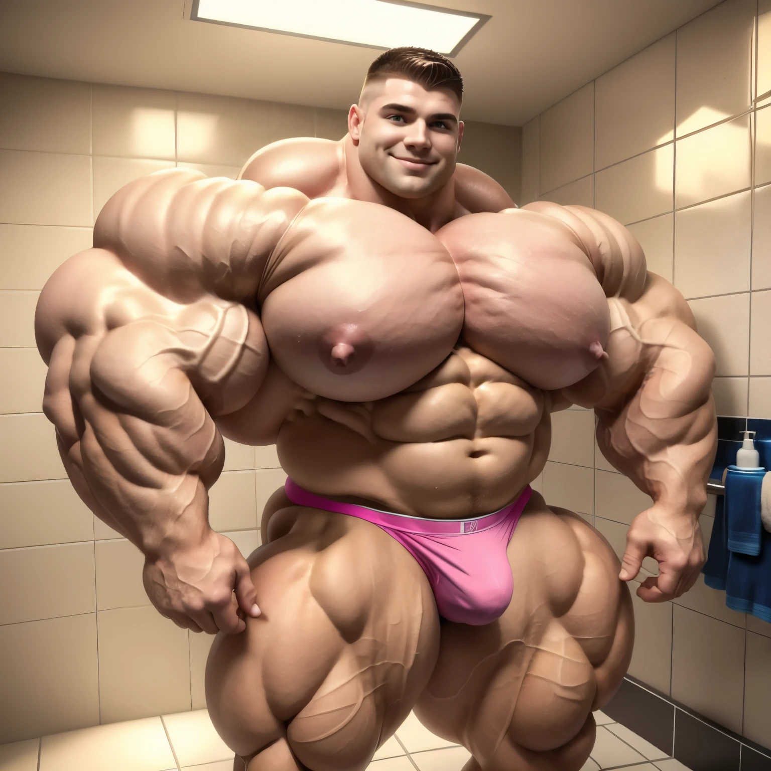 full view full body, one tall musclebound white european red-haired bodybuilder gay effeminate boy with clean shaved undercut haircut. Huge over-sized biceps. Standing in a bathroom in front of the shower. Handsome. Massive muscles. Arm lifted to show peaked over-exagerated bulbous flexed over-inflated triple-biceps and enormous over-bloated shoulders and pecs. Looking happy Admiring himself. Shirtless waering only tiny lycra light-pink briefs, showing off a huge manhood bulge through the pink lycra, and pink socks, his pink socks must be seen