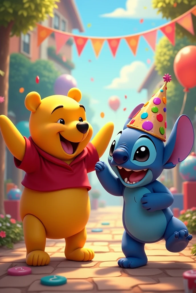 Winnie the Pooh and Stitch on birthday, colorful, 2D animated, happy, cute