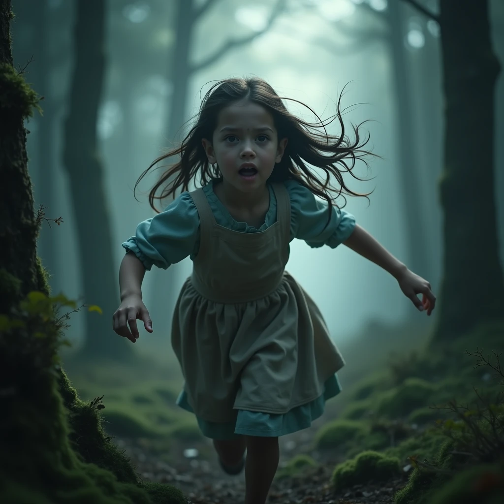 (Mysterious Fog), a beautiful young girl running through a mysterious, misty forest, The girl is facing forward and running away from a shining shadow. Her long black hair flows behind her, and a huge glowing shadow is chasing the girl. (Beautiful and cute face even in fear and panic),Fine facial features, Beautiful eyes, Soft and glowing skin, Cute apron dress, Mossy trees, (Column of light breaking through the fog), (Highest Quality, 4k, (8k), (High Resolution:1.3), (Masterpiece:1.2), (Ultra Detailed), (Realistic), (Photorealistic), (Photorealistic:1.37), Fantasy, Cinematic Lighting, Moody Atmosphere, digital art, concept art, 