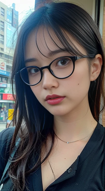 ((Highest quality、Highest quality、Realistic))、Wear round glasses、Resolving contradictions、A thin Japanese woman, one , charm, City view, night, rain, Wet, Professional Lighting, Photon Mapping, Radio City, Physically Based Rendering, Gradient black hair, Short Curly Hair, good looking, , The T-shirt is transparent,Torn clothes、 High resolution, 1080P, (Beautiful Face), (Detailed facial depiction), (Detailed description of the hand), (Detailed CG), Extreme light and shadow, Messy Hair, Lots of details, (exquisite features), (Highest quality photos), (Beautiful Eyes), Look in front of you, Thin clavicle,