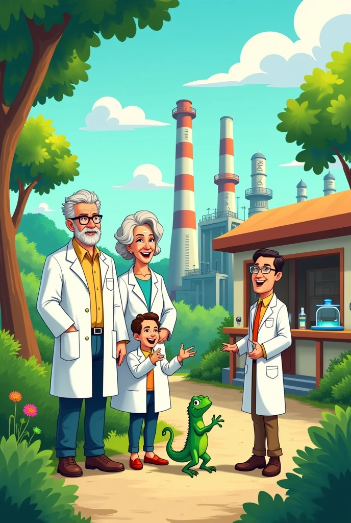 Family of workers with white coats, outside of analitycal laboratory, out side of a petroleum refinery, toon, vivid color, specially green , draw one green iguanas, children, grandpa, granmother,wife, housband,no reallistic, called "ECO FEST", toon