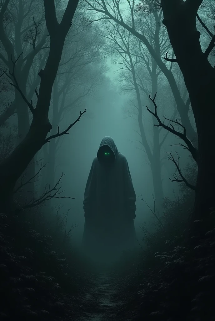 Create a dark and atmospheric horror image. The setting should be a dense and fog-shrouded forest, with twisted trees and dim lighting that only reveals indistinct silhouettes. Include a mysterious and frightening figure, like a hooded being or a ghostly spirit, partially hidden among the trees. Add disturbing details, like glowing eyes lurking in the darkness or shadows that seem to move. The color palette should be predominantly black and gray, with touches of dark green or purple for a more sinister effect."

