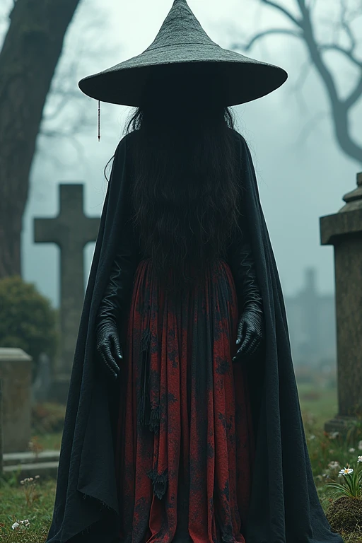 Pombagira Maria rag of souls, works in the cemetery. Wears a large brimmed hat that covers his eyes, black and dark red rag skirt, long, disheveled black hair