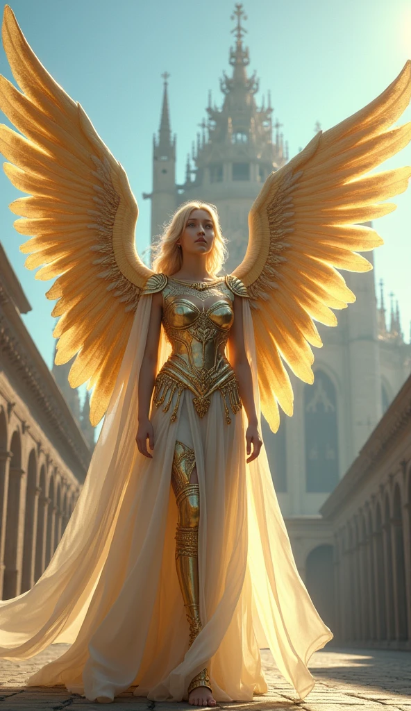 A beautiful angel wearing ancient Greek style golden armor, blue sky, With a medieval European church in the background, Cinematic lighting