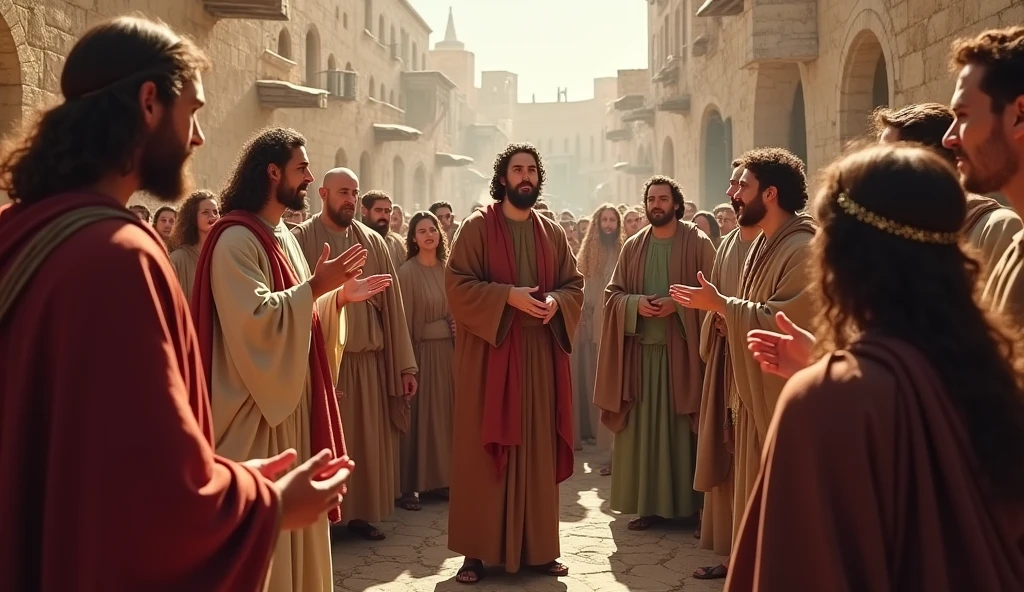 A group of apostles preaching to a crowd in Jerusalem. The background is the ancient city with stones and historic buildings. The image is rich in details, with expressions of curiosity and emotion in the crowd.
