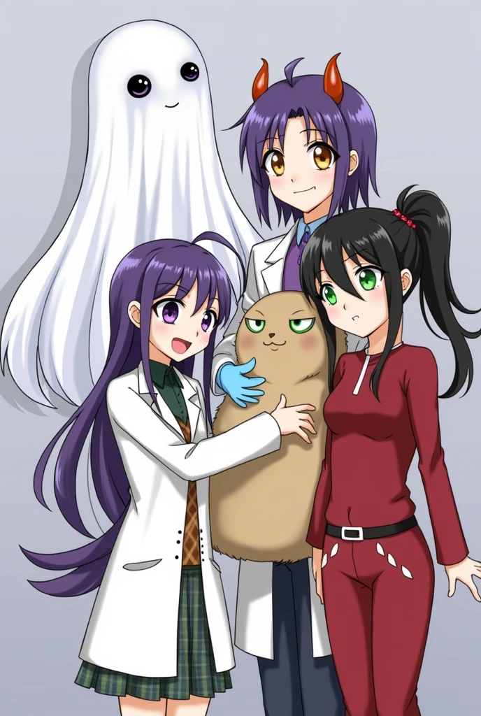 Draw a ghost girl with long white hair and one eye of each color, A purple-haired character wearing a scientist's lab coat in anime style, standing next to another girl with black hair tied in a ponytail and green eyes., With demonic horns and a red outfit, a smile on their anime-style face, they are stroking a capybara and smiling for a photo