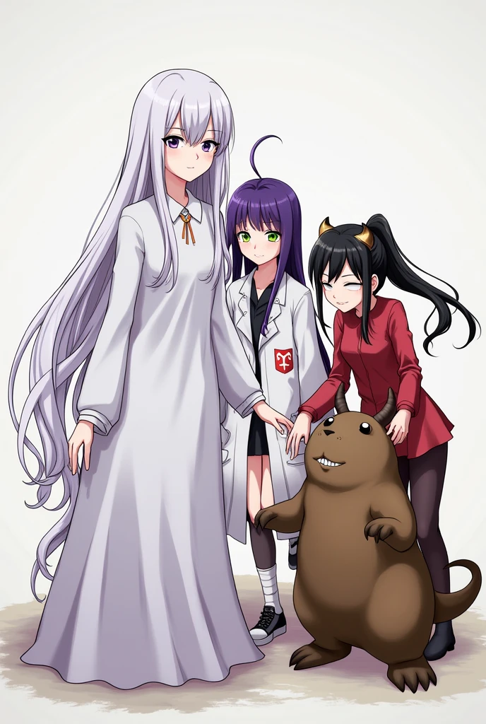 Draw a ghost girl with long white hair and one eye of each color, A purple-haired character wearing a scientist's lab coat in anime style, standing next to another girl with black hair tied in a ponytail and green eyes., With demonic horns and a red outfit, a smile on their anime-style face, they are stroking a capybara and smiling for a photo