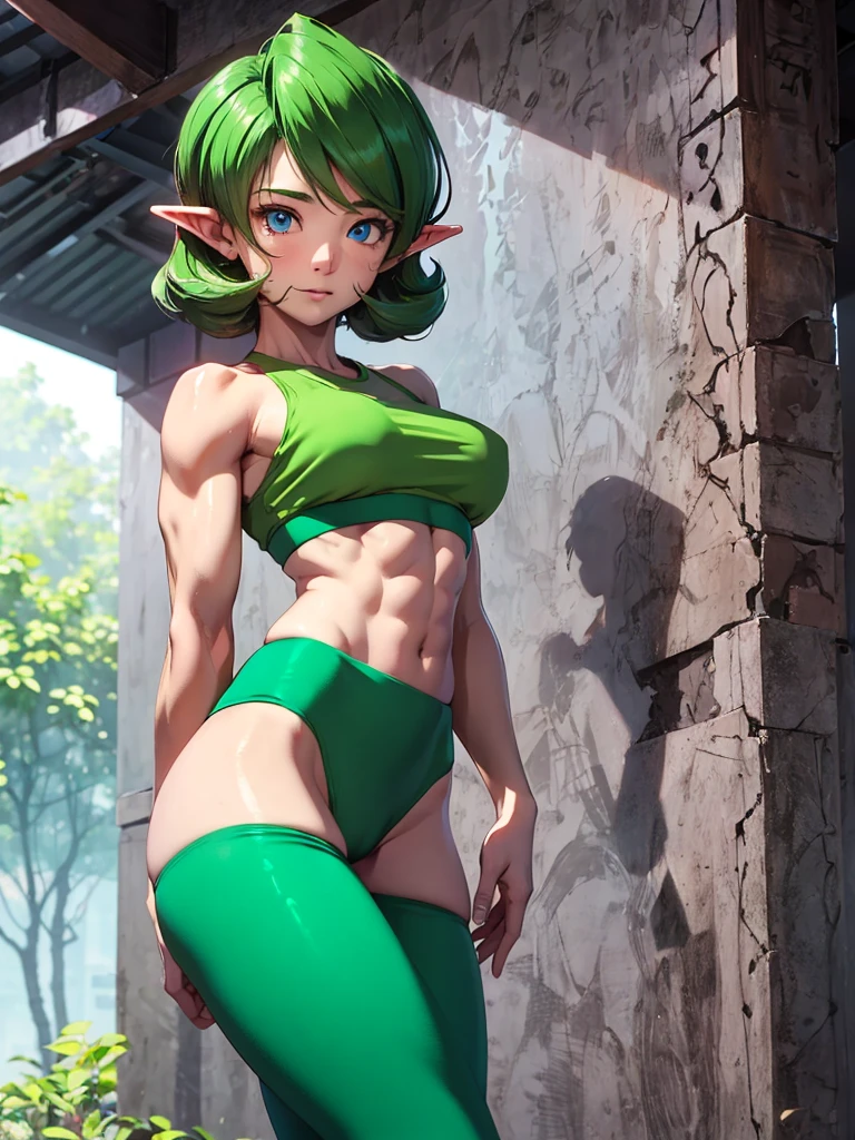 1girl, blue eyes, fit, body in good shape, muscular, short and thin Saria has green curly hair and small breasts, masterpiece, best quality, Saria \(the legend of zelda\), long pointy ears, working out, exercising, oiled skin, oily skin, wearing green yoga pants and sports bra, mouth slightly open in a sexy way