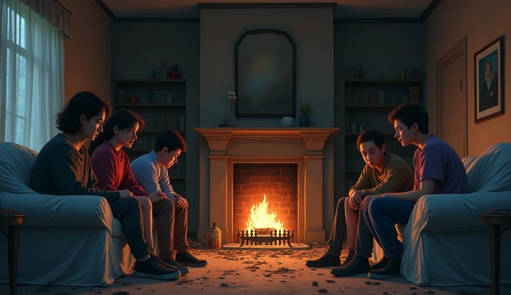 A group of five friends gather in a run-down living room, with furniture covered in white sheets. The light from the fireplace is the only source of heat, but their faces show discomfort and tension, with furtive glances at each other, as if something is wrong.
