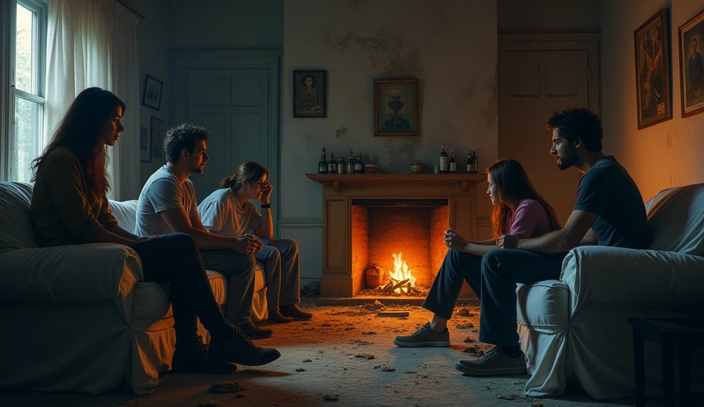 A group of five friends gather in a run-down living room, with furniture covered in white sheets. The light from the fireplace is the only source of heat, but their faces show discomfort and tension, with furtive glances at each other, as if something is wrong.