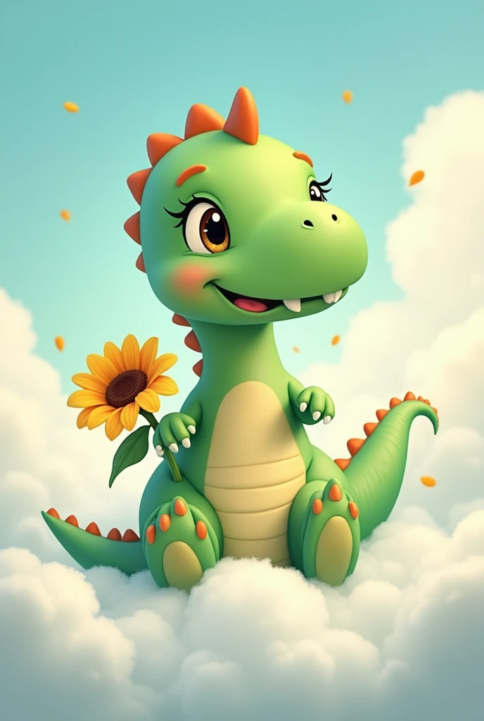 A cute green dinosaur with a sunflower  in her hand and her  location over of beautiful white clouds.