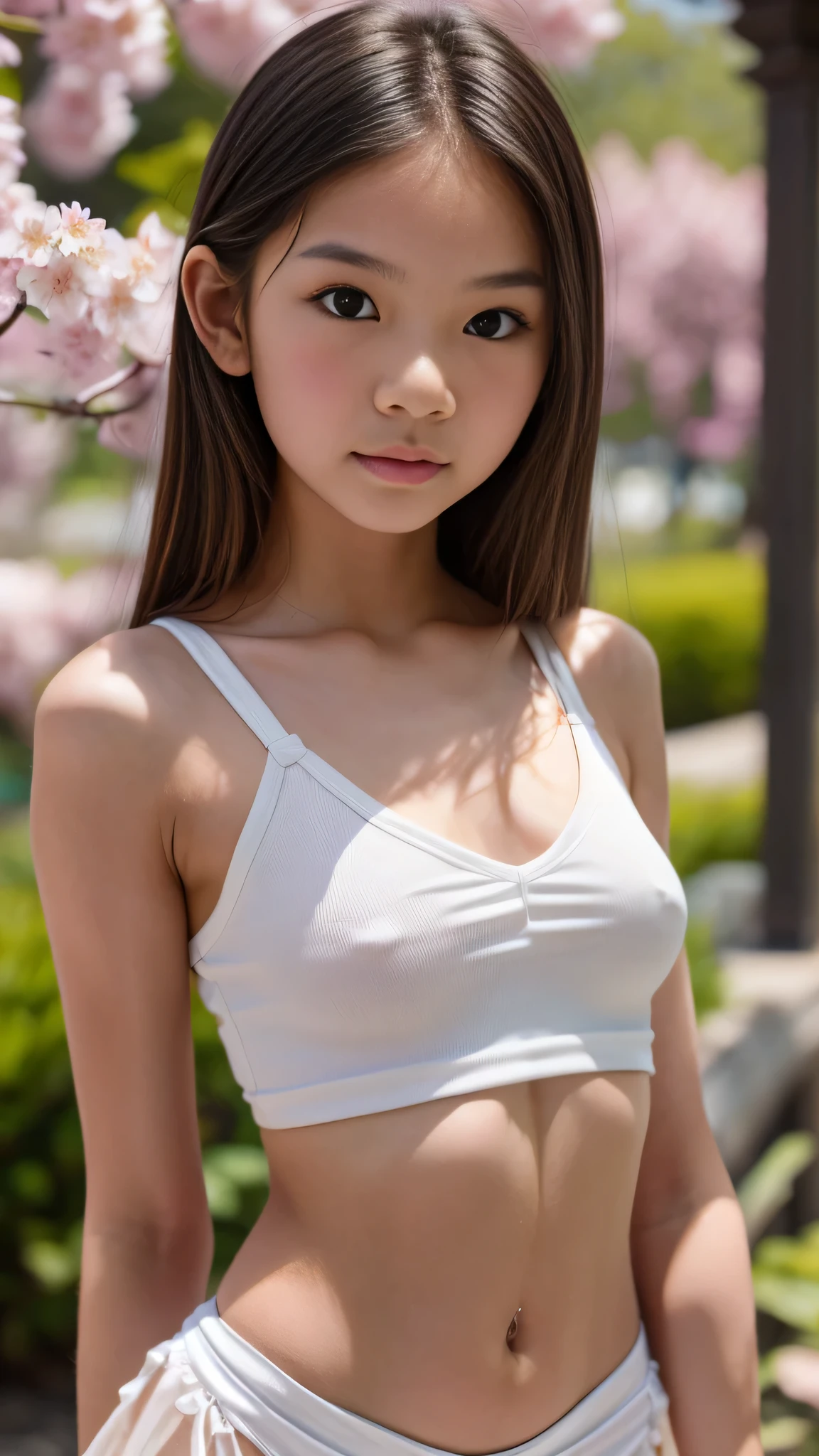 (Cute tween fashion model:1.5), thai girl, asian, close up, bust focus, natural light, stunningly beautiful, slim, perfect 32C breasts, perky nipples, slender, nubile, posing for picture, long straight black hair, bright hazel eyes, natural lighting, perfect full lips, young, youthful, , teen, busty teen, ch blossoms in the background, tight crop top, tiny white bra and panties,