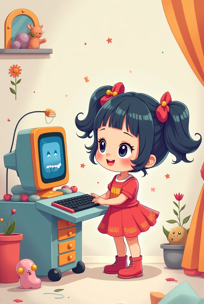 small cutevanime girl holding a computer pc named abstract