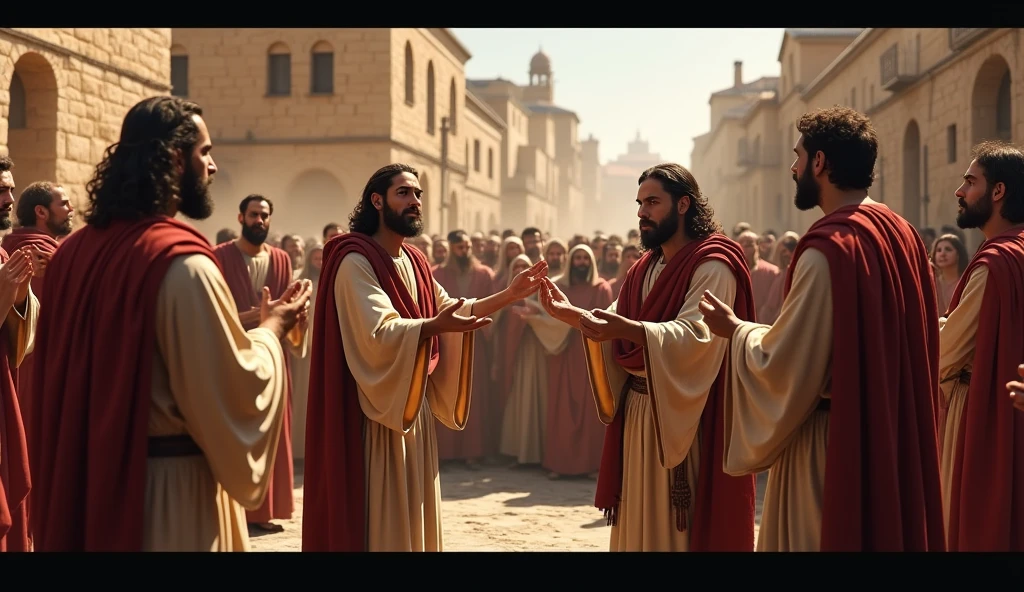 A group of apostles preaching to a crowd in Jerusalem. The background is the ancient city with stones and historic buildings. The image is rich in details, with expressions of curiosity and emotion in the crowd.