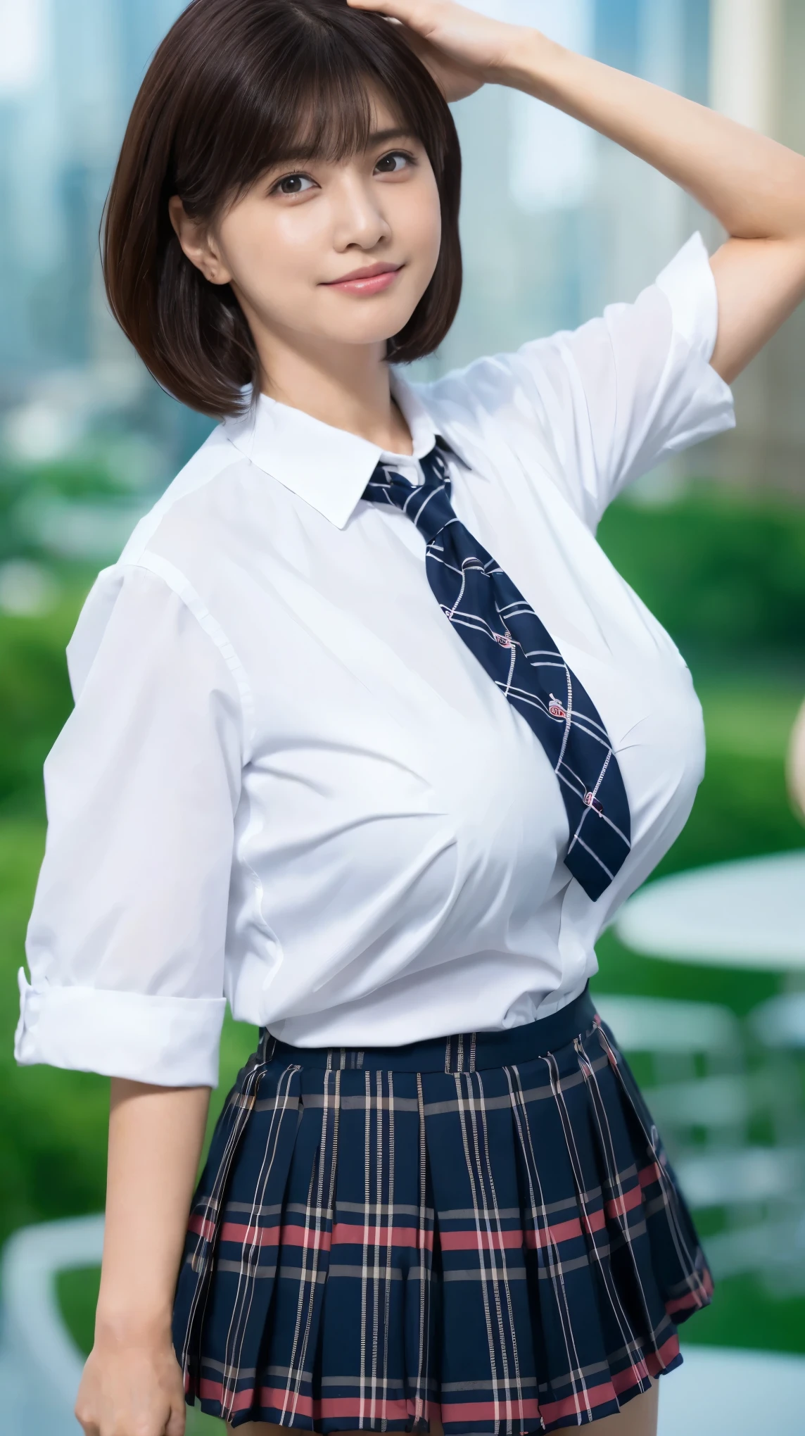 (8k,Ultra-high resolution,Highest quality,masterpiece,Realistic,Ultra-high resolution,High-quality RAW color photos,Professional photos,Realistic,Realistic),Natural skin texture,Fine skin,Hyperrealism,Intricate details,Adult women,Eye highlights.Lip gloss,Glossy Lips,(Cute smile,Short Hair,Dark blonde hair,bangs),(((gigantic breast,Big Breasts))),(girl uniform,(White Cutter Shirt),Azure check patterned pleated mini skirt,tie),Urban area,((face focus,Staring at the audience)),(((windy up skirt)))