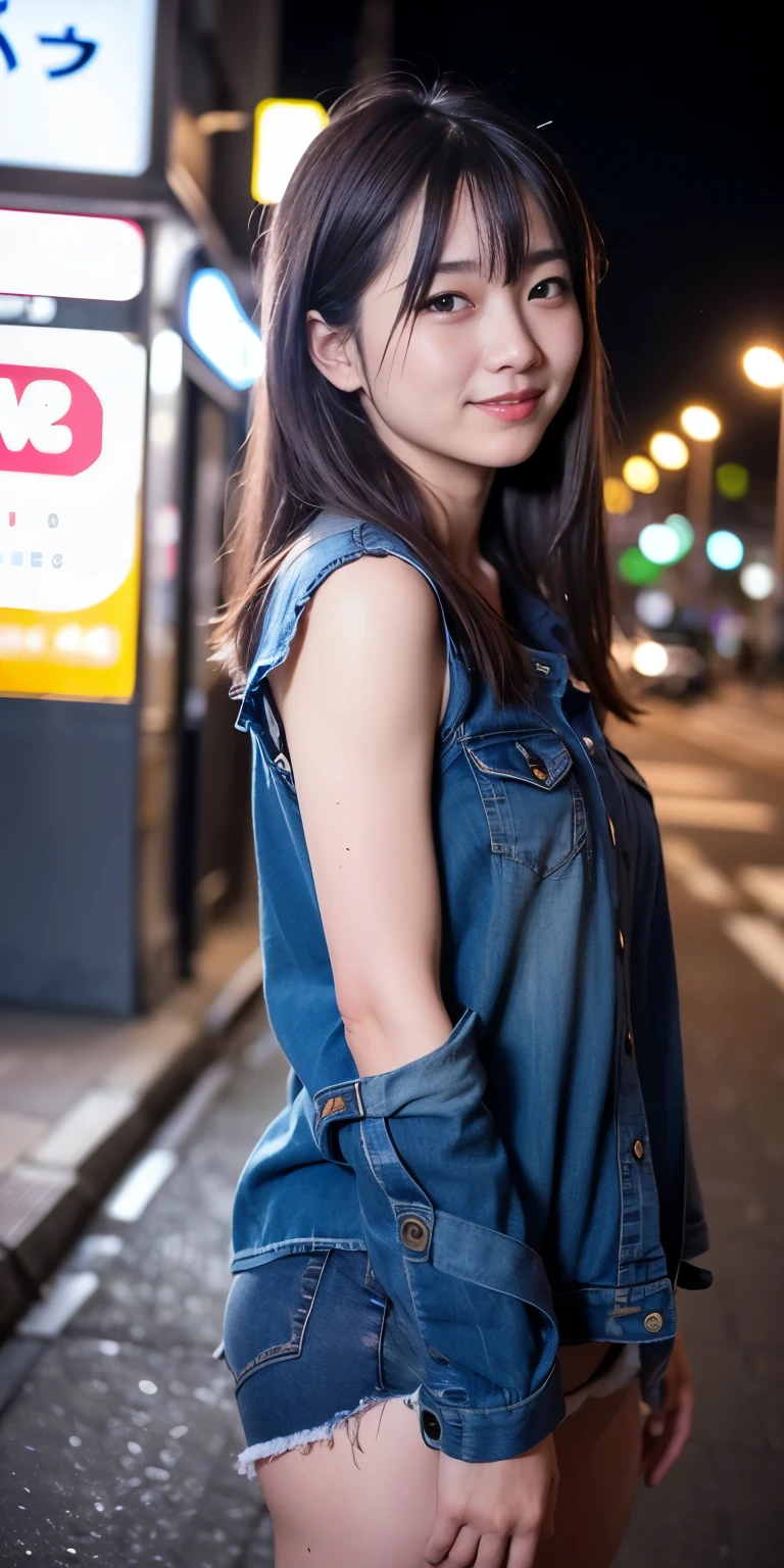 1 person, Tokyo Street,night, Streetscape,City lights,Upper Body,close,smile,, (8k, RAW Photos, Highest quality, masterpiece:1.2),(Realistic, photo-Realistic:1.37),