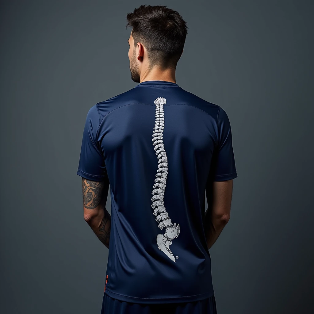 navy blue player with a spine drawing on the back