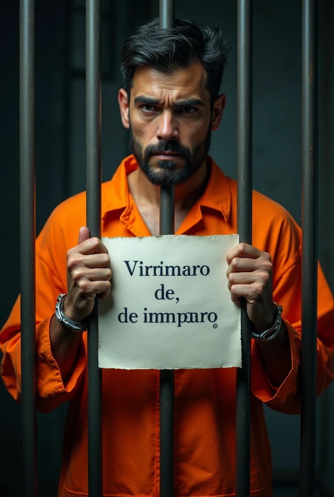 A male prisoner, orange dress, sad, handcuffed, Behind bars, showing a sheet of paper with text that says " Amparo lawsuit" Text in Spanish language 