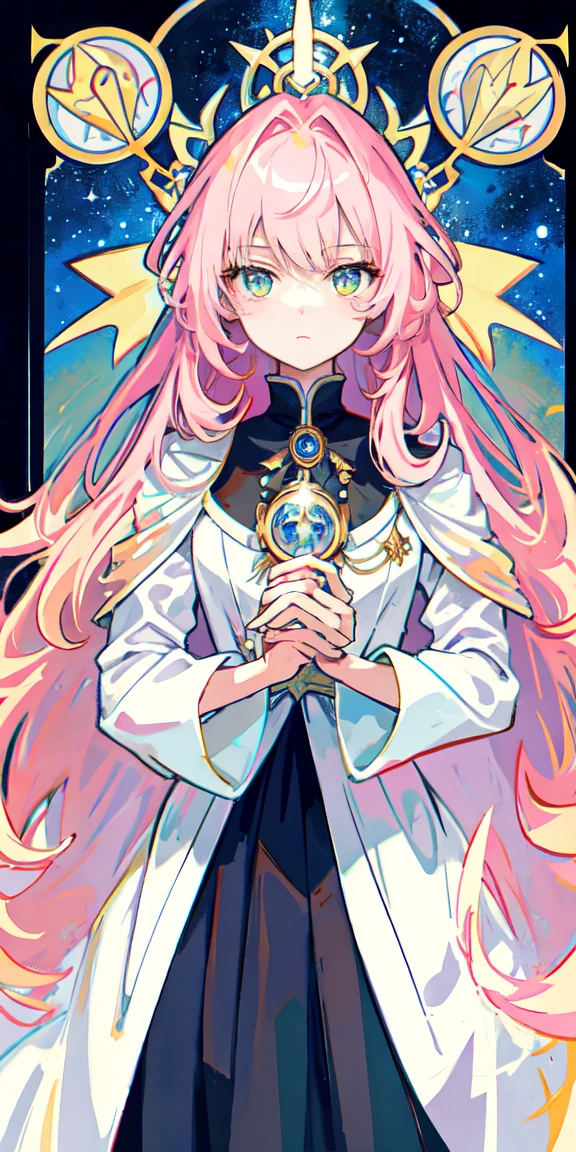 ((tmasterpiece:1.2,best qualtiy),solo,magical ,wands,An Alphonse Mucha's:1.1,pink gradient hair,The upper part of the body,frontage,Staring straight ahead,tarot cards:1.3,darkly,the night,Skysky,dark cloude,As estrelas,galactic)Empress