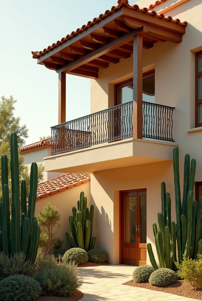Show images of railings on the second floor of a modern Mediterranean style house with cactus