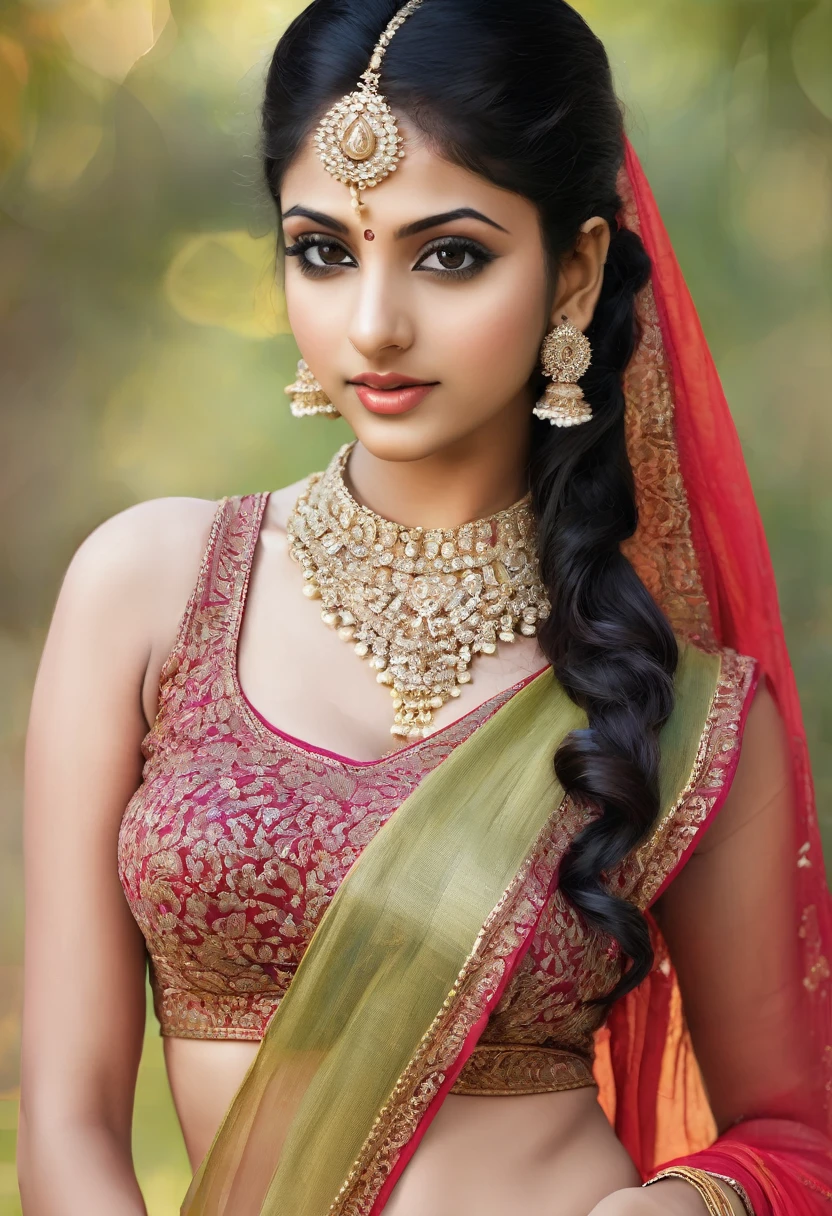 Create an image of a stunningly beautiful Indian young adult woman with fair skin, wearing a tight sari and a tight sleeveless blouse combo. She should be standing tall and confident, showing a hint of cleavage in the blouse, which is well-fitted to enhance her curves. The sari should be adorned with delicate embroidery and intricate patterns, adding to her elegance and charm.