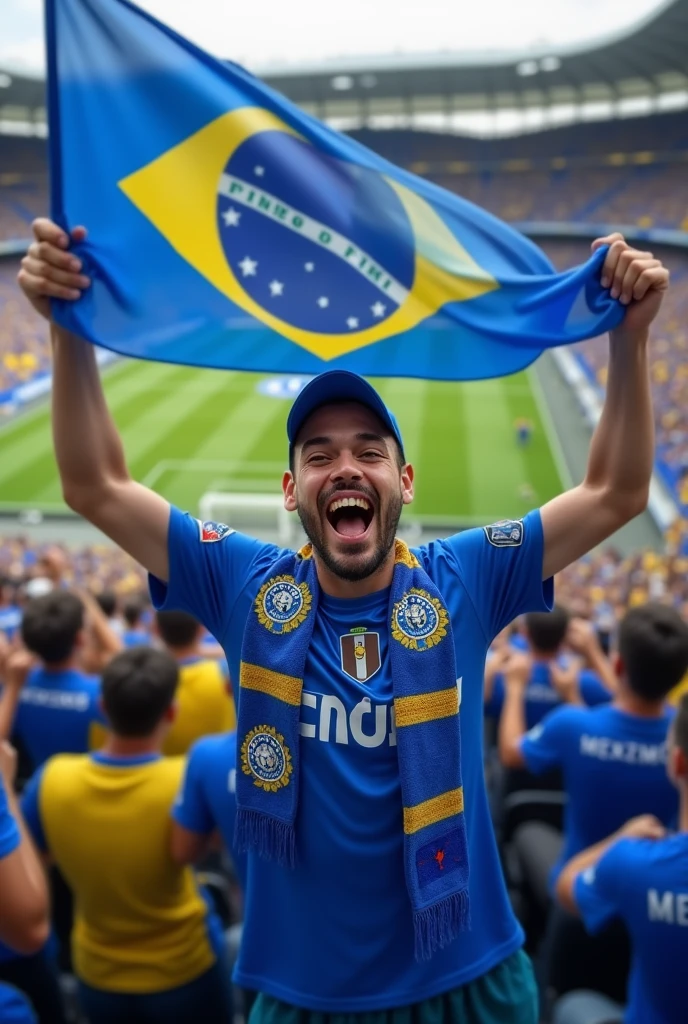 A man in his late 20s, wearing a blue Cruzeiro shirt with the team logo on the chest. He is smiling and proudly holding a Cruzeiro flag. He is wearing a blue cap and has a team scarf around his neck. The background could be a packed football stadium with Cruzeiro's game in progress. The atmosphere is festive, with people around him also wearing the team's shirts and celebrating.