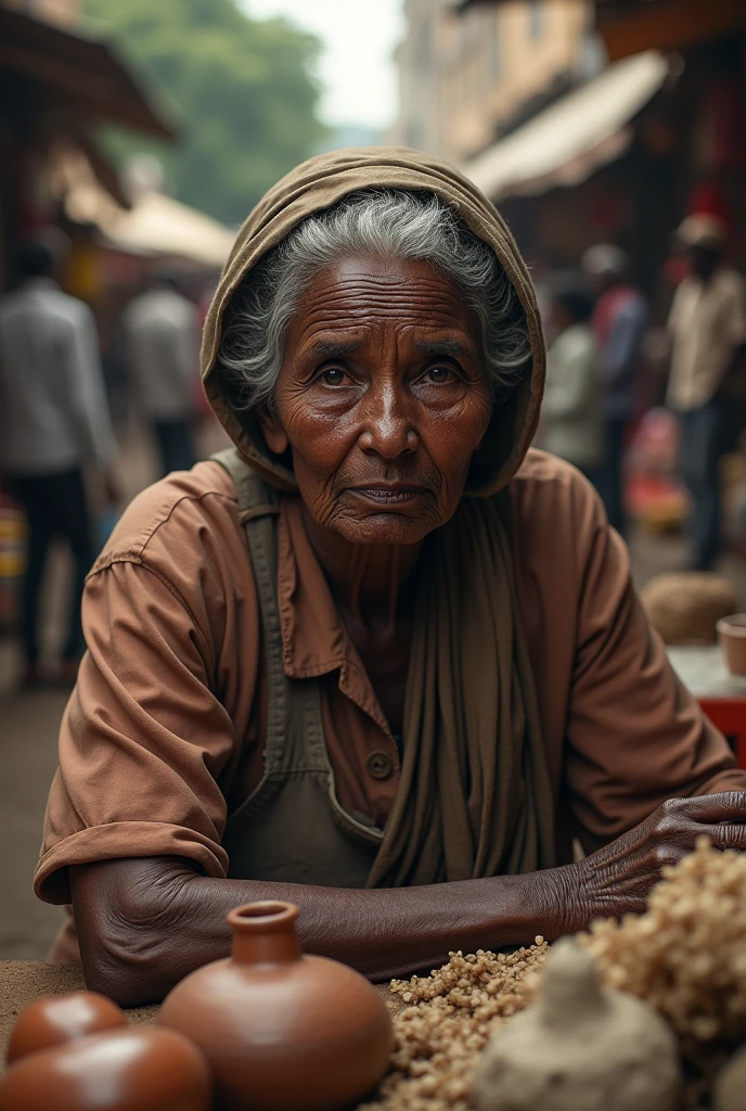 Sad old black woman selling in a market
