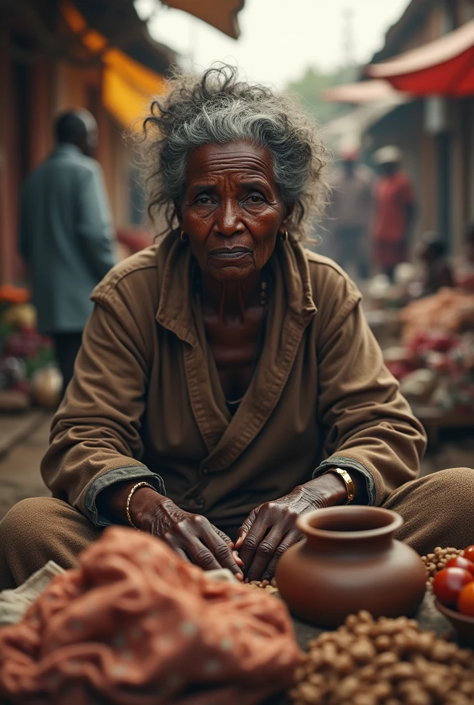 Sad old black woman selling in a market 
