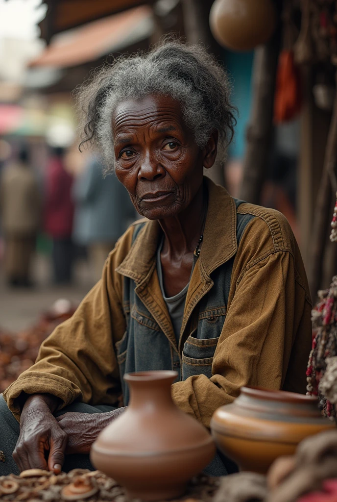 Sad old black woman selling in a market 