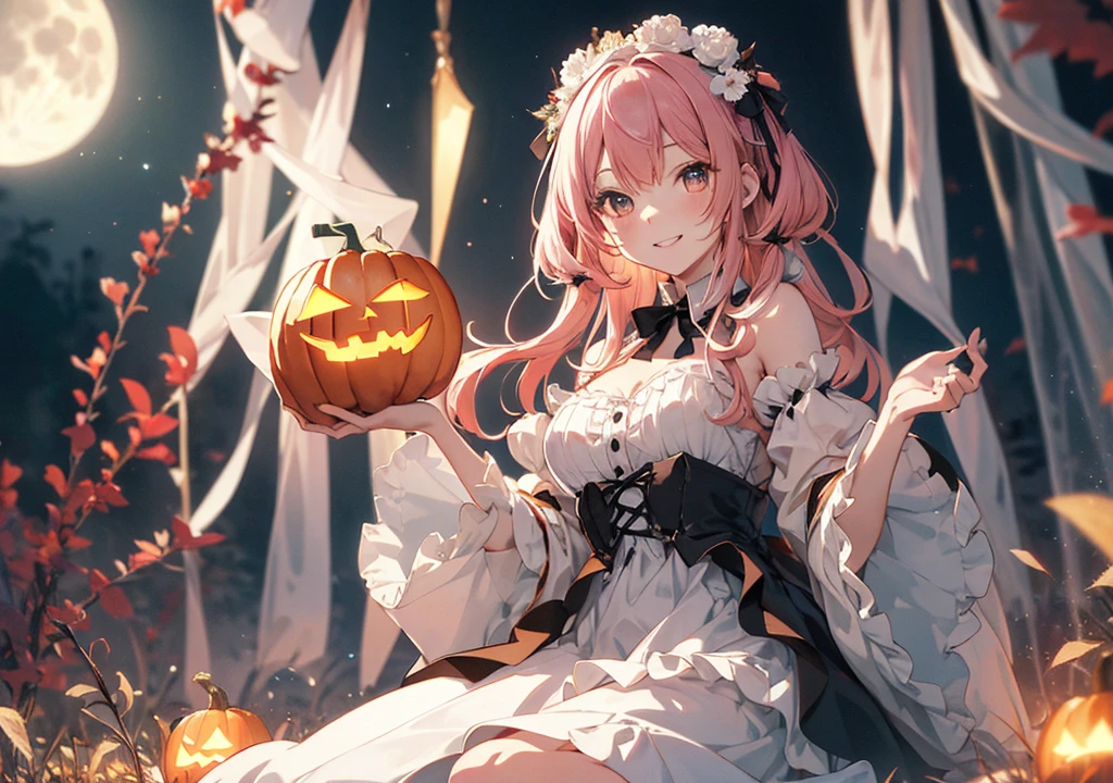 Realistic photos, Focus distance 10mm, Red and white, Beautiful girl, Realistic photos, Shooting at focus distance 10mm, masterpiece, 最high quality, high quality, Very detailed CG 8k wallpaper unit, Award-winning photography, Depth of written boundary, High resolution, bloom, chromatic aberration, Realistic, Very detailed, Art Station Trends, CGsociety Trends, Complex, High detail, dramatic, Art on the go, volumetric lighting, A cute ghostly girl with pink hair is smiling and holding a pumpkin lantern on Halloween night. She is wearing a fluffy white dress and has a small black ribbon in her hair. A full moon is shining in the background and little ghosts are flying around happily around her