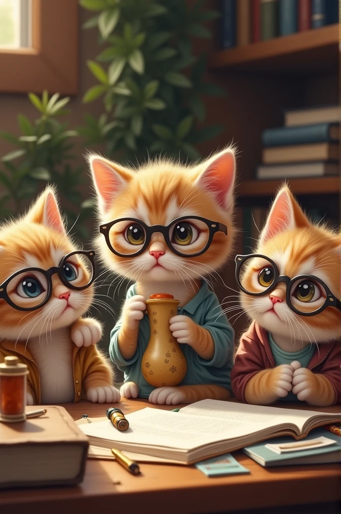 Kittens with glasses, studying and drinking mate