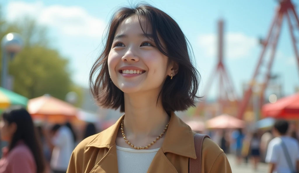 A young Japanese college student dressed in stylish clothes is looking into the distance with a bright expression.,Excited, Long-distance portrait, Amusement park in the background, with a natural look, With a slightly tired look, tilt your face a little, Diagonal orientation, Average face