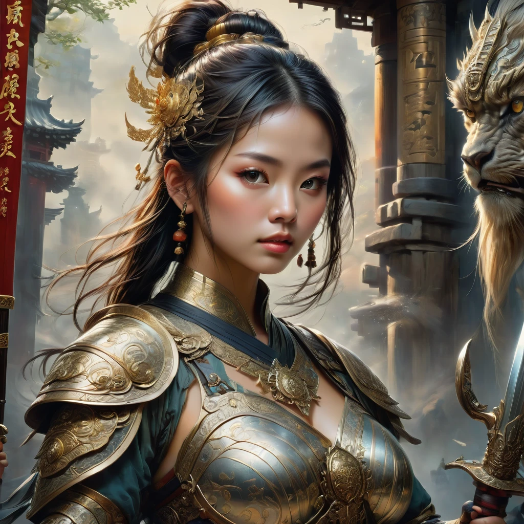 Female Warrior, by Bruce Zheng, best quality, masterpiece, very aesthetic, perfect composition, intricate details, ultra-detailed