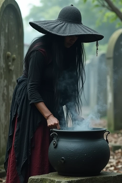 Pombagira Maria rag of souls, works in the cemetery. Wears a large brimmed hat that covers his eyes, black and dark red rag skirt, long, disheveled black hair, hunched over and stirring a black cauldron