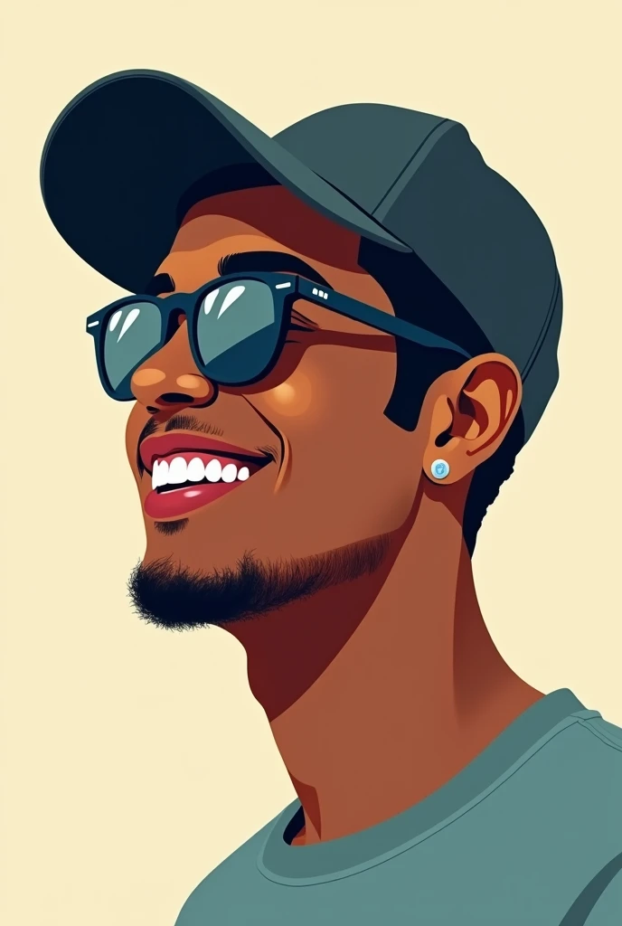 Create a vector of only the face of a young, brown-skinned man who is not too thin, in profile, wearing sunglasses and a cap, smiling.