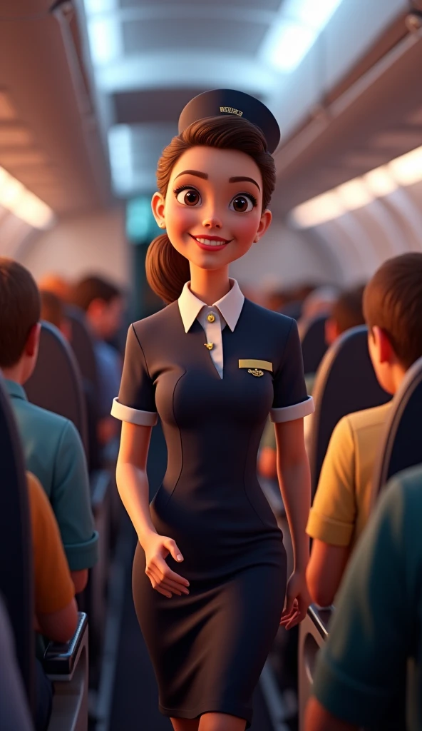  A flight attendant on an airplane, 3d , pixar style,  cinematic, masterpiece, realistic 