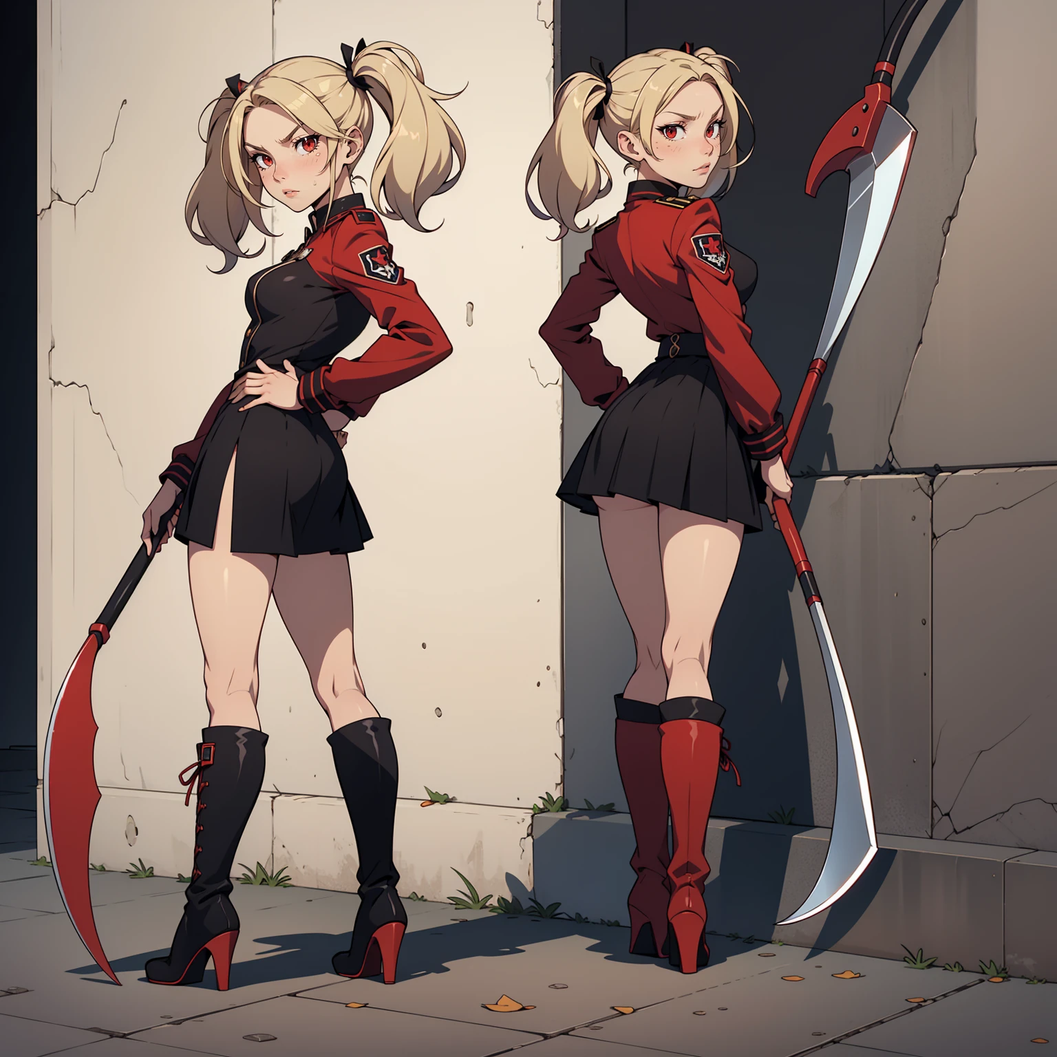 Very detailed, serious facial expression, small breasts, full body view, blonde hair with twintails, red eyes, looking at viewer, black and red uniform, skirt, black boots, holding scythe, leaning with back to the wall