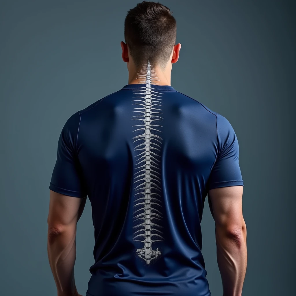 navy blue player with a spine drawing on the back