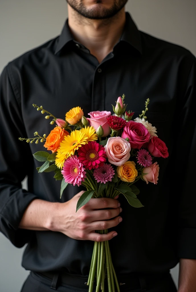 man's torso, wearing a black shirt holding a bouquet of flowers