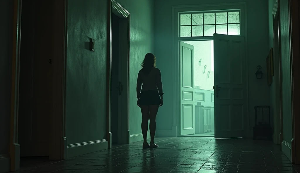 One of the friends tries to leave through the front door, but the entrance now leads to a completely different hallway than he remembers. The mansion distorts, with doors appearing and disappearing, staircases extending in impossible directions, all in a nightmarish atmosphere.