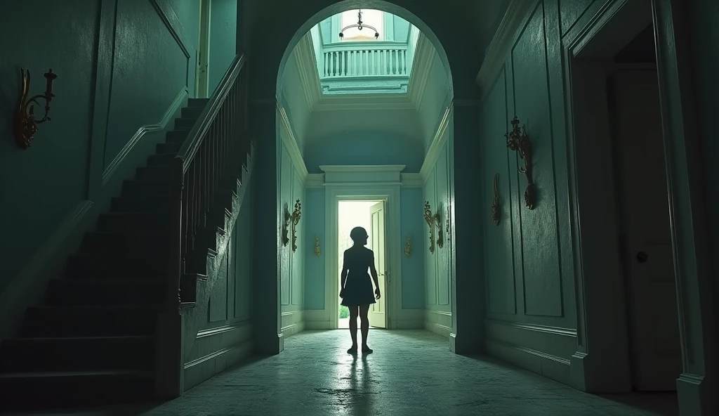 One of the friends tries to leave through the front door, but the entrance now leads to a completely different hallway than he remembers. The mansion distorts, with doors appearing and disappearing, staircases extending in impossible directions, all in a nightmarish atmosphere.
