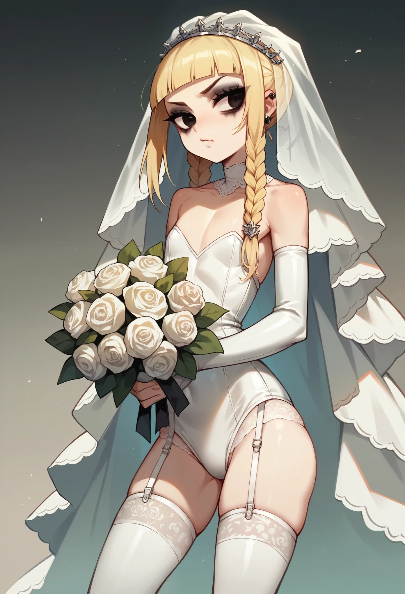 Ultra detailed, girl 8 years old, body , long blonde hair frinje braided , makeup , gothic bride , flat chest , punk rock , white latex , pantie , menacing face , white garterbelt , white lace stockings . Bouquet roses.
