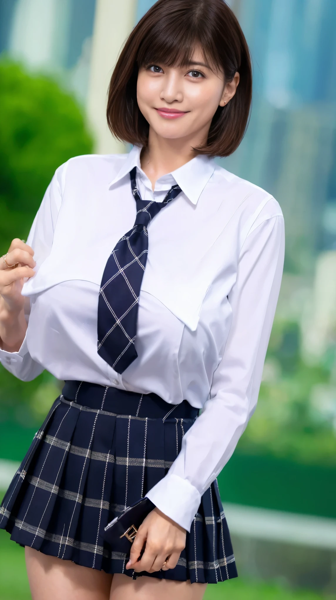 (8k,Ultra-high resolution,Highest quality,masterpiece,Realistic,Ultra-high resolution,High-quality RAW color photos,Professional photos,Realistic,Realistic),Natural skin texture,Fine skin,Hyperrealism,Intricate details,Adult women,Eye highlights.Lip gloss,Glossy Lips,(Cute smile,Short Hair,Dark blonde hair,bangs),(((gigantic breast,Big Breasts))),(Schoolgirl uniform,(White Cutter Shirt),Azure check patterned pleated mini skirt,tie),Urban area,((face focus,Staring at the audience)),(((windy up skirt,Skirt fluttering in the wind)))