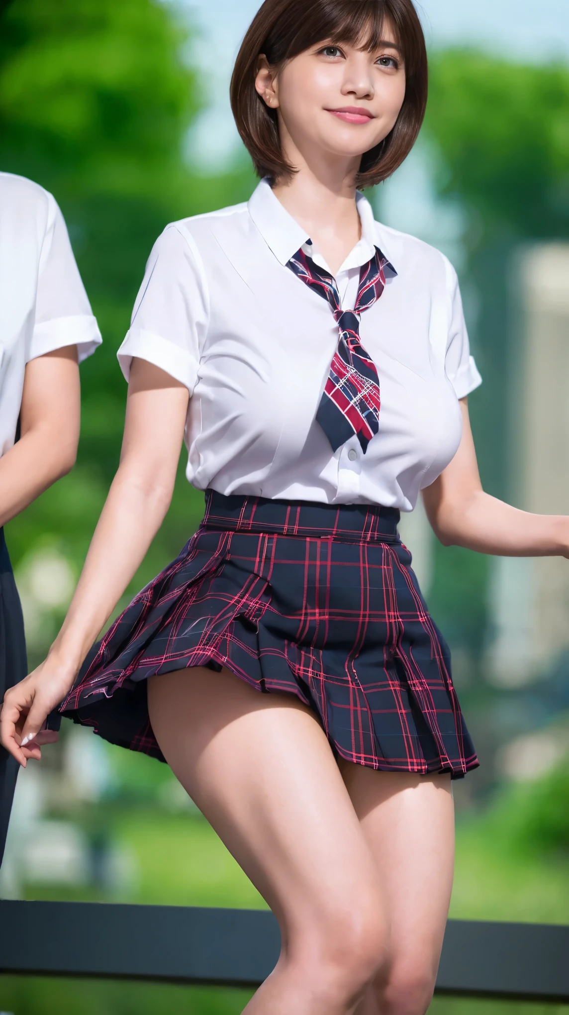 (8k,Ultra-high resolution,Highest quality,masterpiece,Realistic,Ultra-high resolution,High-quality RAW color photos,Professional photos,Realistic,Realistic),Natural skin texture,Fine skin,Hyperrealism,Intricate details,Adult women,Eye highlights.Lip gloss,Glossy Lips,(Cute smile,Short Hair,Dark blonde hair,bangs),(((gigantic breast,Big Breasts))),(Schoolgirl uniform,(White Cutter Shirt),Azure check patterned pleated mini skirt,tie),Urban area,((face focus,Staring at the audience)),((((windy up skirt,Skirt fluttering in the wind,Panty shot))))